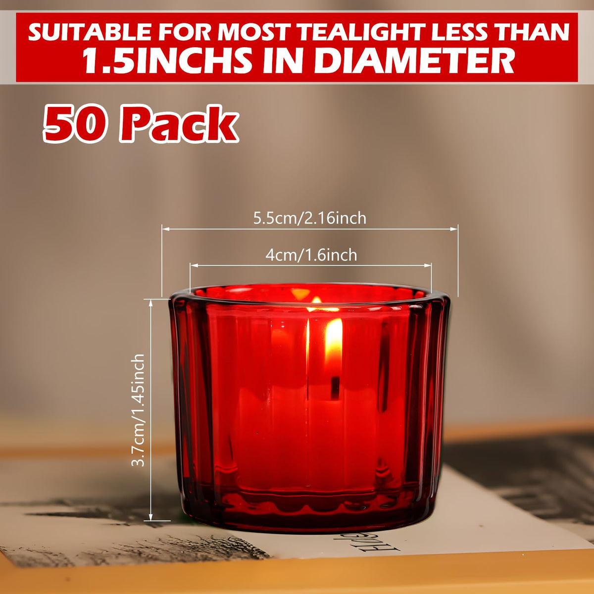Mumufy 50 Pcs Glass Tealight Candle Holder Ribbed Votive Candle Holder for Centerpiece Wedding Proposal Spa Aromatherapy Meditation Home Decor (Red)