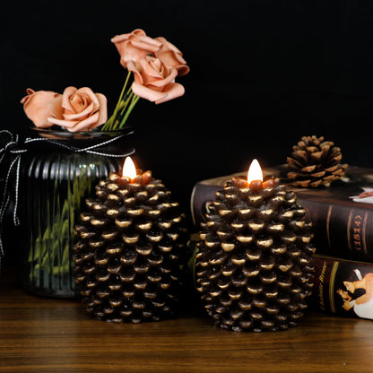 Lasumora LED Flameless Pinecone Candles with 6H Timer, Battery Operated Waxy Pillar Candles, 2 Pack Christmas Candles Flickering Acorn Decor Woodsy Home Décor Christmas Gifts(Brown, 3.5 x 4.7 Inch)