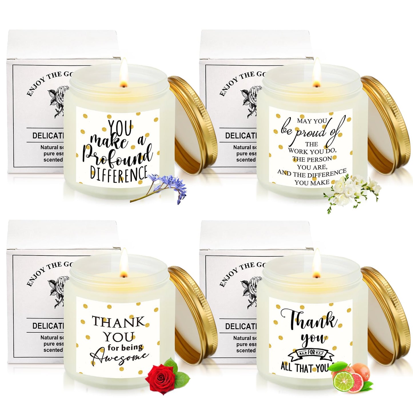 Fumete 4 Pcs Thank You Gifts Candles 3.5 oz Soy Wax Scented Candles Thank You for Being Awesome Inspirational Candle for Teacher Appreciation Secretaries Employee, 4 Fragrances (White, Stylish)