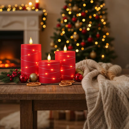Raycare Independence Day Flameless Candles with Remote Timer, Flickering Battery Operated LED Pillar Fake Candle with String Lights for 4th of July Patriotic Home Decor, Wedding Gift, Red, Set of 3