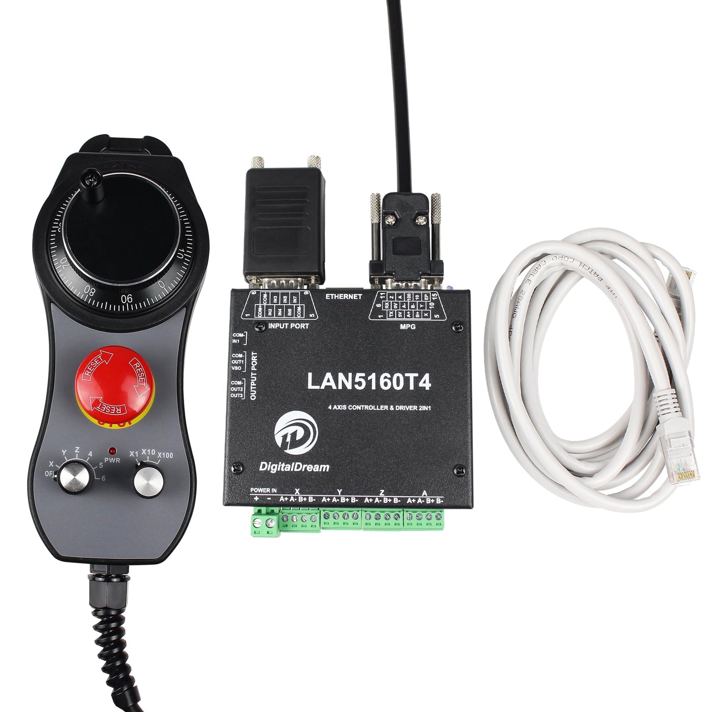 RATTMMOTOR 4-Axis Mach3 CNC Controller Kit, LAN5160T4 Stepper Motor Driver Ethernet with Electronic Handwheel MPG Pendant Emergency Stop Manual Pulse Generator for CNC Router/Lathe/Engraving Machine