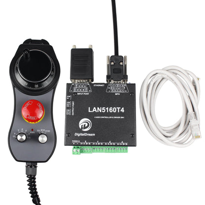 RATTMMOTOR 4-Axis Mach3 CNC Controller Kit, LAN5160T4 Stepper Motor Driver Ethernet with Electronic Handwheel MPG Pendant Emergency Stop Manual Pulse Generator for CNC Router/Lathe/Engraving Machine
