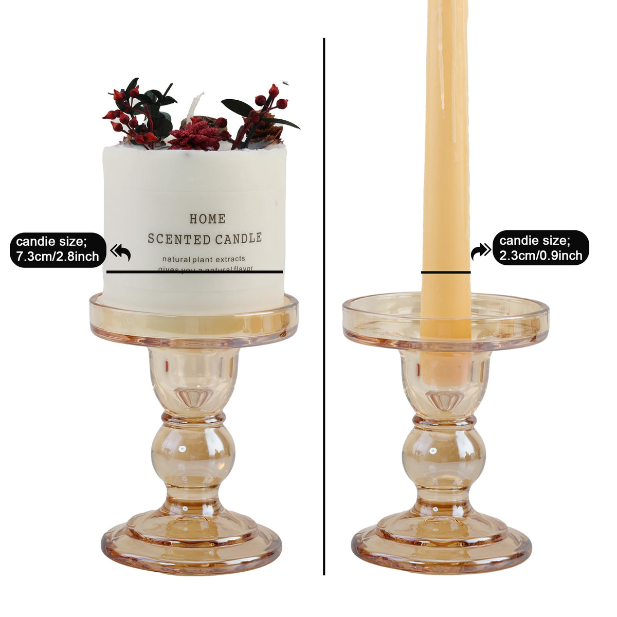 ViViTOP Glass Candle Holder Set of 4, Amber Candlestick Holders for Pillar Candles, 4.5" H, Candle Stand Decorations for Living Room