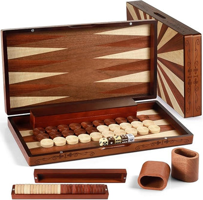 Handcrafted Wooden Backgammon Set - 16 Large Board Game with Oversized Pieces - Classic 2-Player Strategy Game Perfect for Adults &amp Kids