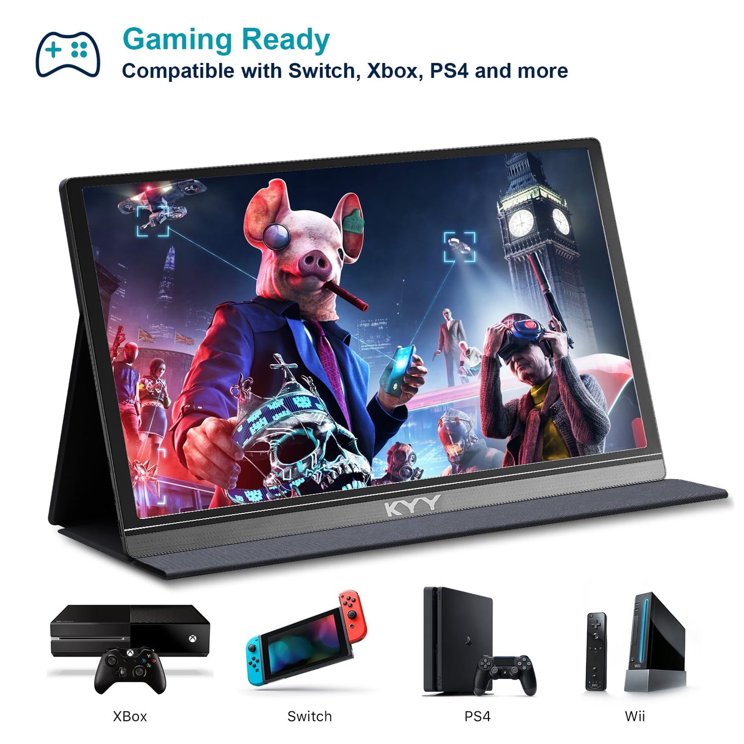 KYY Portable Monitor 15.6inch 1080P FHD USB-C, HDMI Computer Display HDR IPS Gaming Monitor w/Premium Smart Cover & Screen Protector, Speakers, for Laptop PC MAC Phone PS4 Xbox Switch