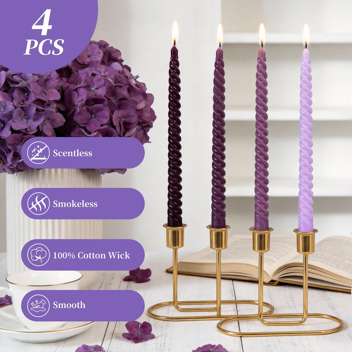 Purple Spiral Taper Candles, 10 inch Gradient Twisted Candles,4 Pack Unscented and Smokeless Long Burning Candles with Cotton Wicks,Tall Candlesticks,Ideal for Weddings, Dinner Parties, and Home Décor