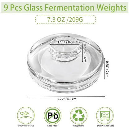 Nexboraque 9 Pack Fermentation Glass Weights with Easy Grip Handles, Clear Canning Weights and Pickling Glass Weight for Wide Mouth Mason Jars, Fermenting Kit, Kimchi, Sauerkraut