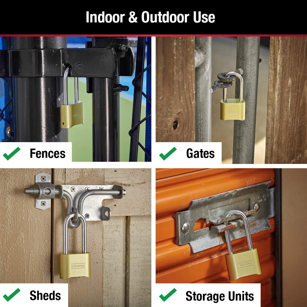 Master Lock Brass Combination Lock, Gate Lock for Outdoor Fence or Shed, Customizable Combination Padlock with Extended 2-1/4-Inch-Long Shackle, 175DLH
