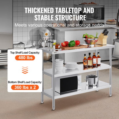 VEVOR Stainless Steel Food Prep Table, 18 x 48 x 34 Inch Commercial Kitchen Worktable, with 2 Adjustable Undershelf, Heavy Duty Prep Tables Metal Work Table for BBQ, Kitchen, Home, and Garage