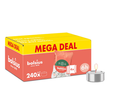 Bolsius - Bulk Pack Tea Lights - 240 Pieces - 6 Burning Hours - White - Contains Natural Plant Wax - Length Burning Time - Decorative Household Candles - Without Palm Oil