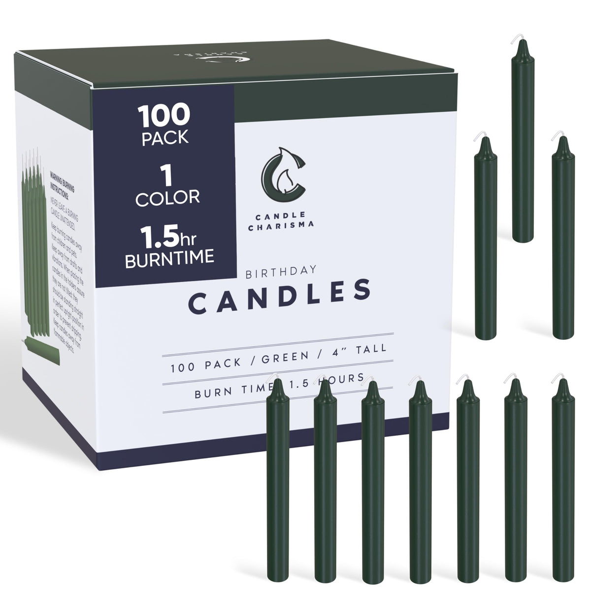 Candle Charisma 100 Green Spell Candles - 4" Unscented Paraffin Chime Candles, Smokeless & Dripless, Colored Candles, 1.5 Hours Burn Time 0.4" Thick Taper Candles for Rituals,Birthdays and Parties