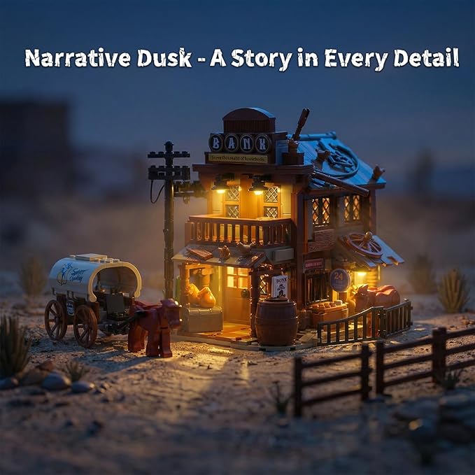 Western Bank Modular Building Set for Adults Wild West Cowboys Cabin with HorsesWagon &amp LED Lights Collection House Set for West Lovers (1299PCS)