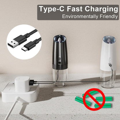 QTDHG Electric Salt and Pepper Grinder Set Rechargeable Gravity Pepper and Salt Mill Grinder Set Type-C Fast Charging, Adjustable Coarseness, Large Capacity with LED Light (Black White-2pcs)