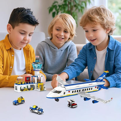 City Passenger Airplane Building Set 886 Pcs STEM 6 in 1 Airport Passenger Plane Building Block Toy with Terminal Shuttle BusLuggage CartChristmas Birthday Gifts for Boys Girls Ages 6-12+