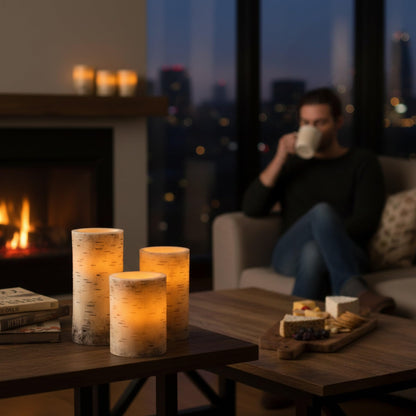 Flameless Candles - 3-Pack Faux Birch Bark Battery Operated LED Candles with Remote and Flickering Light for Home Décor by Lavish Home
