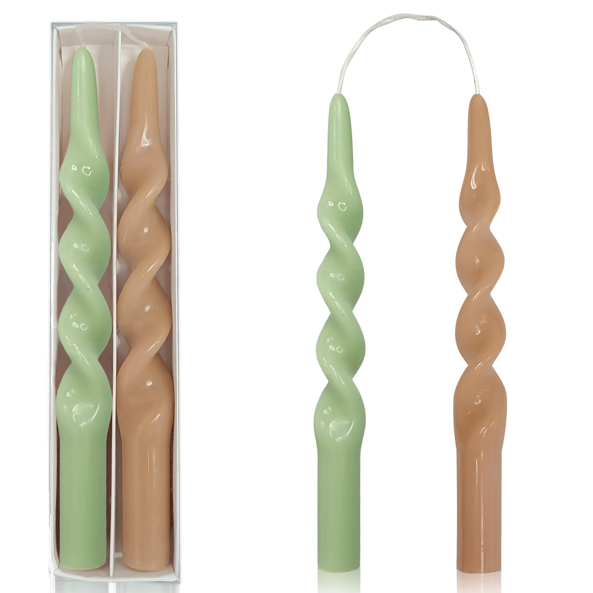 XINAOBAOLUO Spiral Taper Candles Twisted Candlestick 10 Inch Tall Candle Stick Smokeless Wax Candle Unscented Long Candles for Home Decoration Holiday Wedding Party, Brown & Green