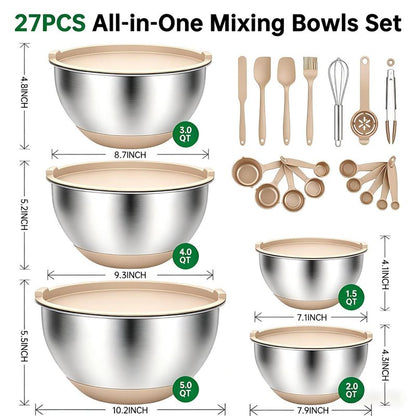 Deedro Premium Mixing Bowls with Airtight Lids Set, 22Pcs Thicker Stainless Steel Mixing Bowl Set, Large Prep Metal Bowls, Non-Slip Silicone Base Nesting Bowls for Kitchen, 1.5/2/3/4/5 QT, Khaki