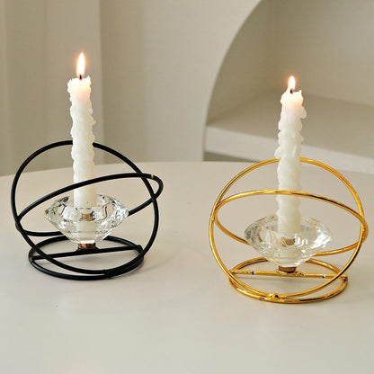 Modern Geometric Candle Holder – Metal & Crystal Design for Taper and Tealight Candles – Tabletop Home Decor (Candle Not Included) (Gold)