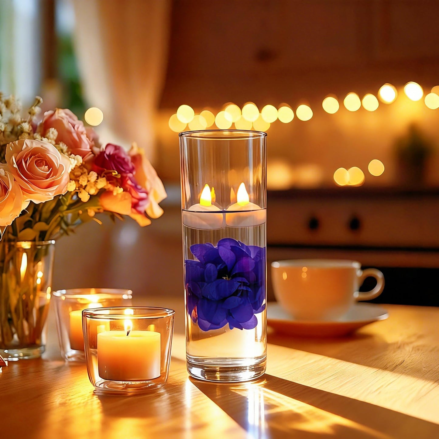 Qazcnd 24 Pack Flameless Floating Candles and Floating Artificial Flower Led Battery Operated Waterproof Floating Candles Tea Lights for Vases Centerpieces at Wedding, Party, Pool Decor Purple