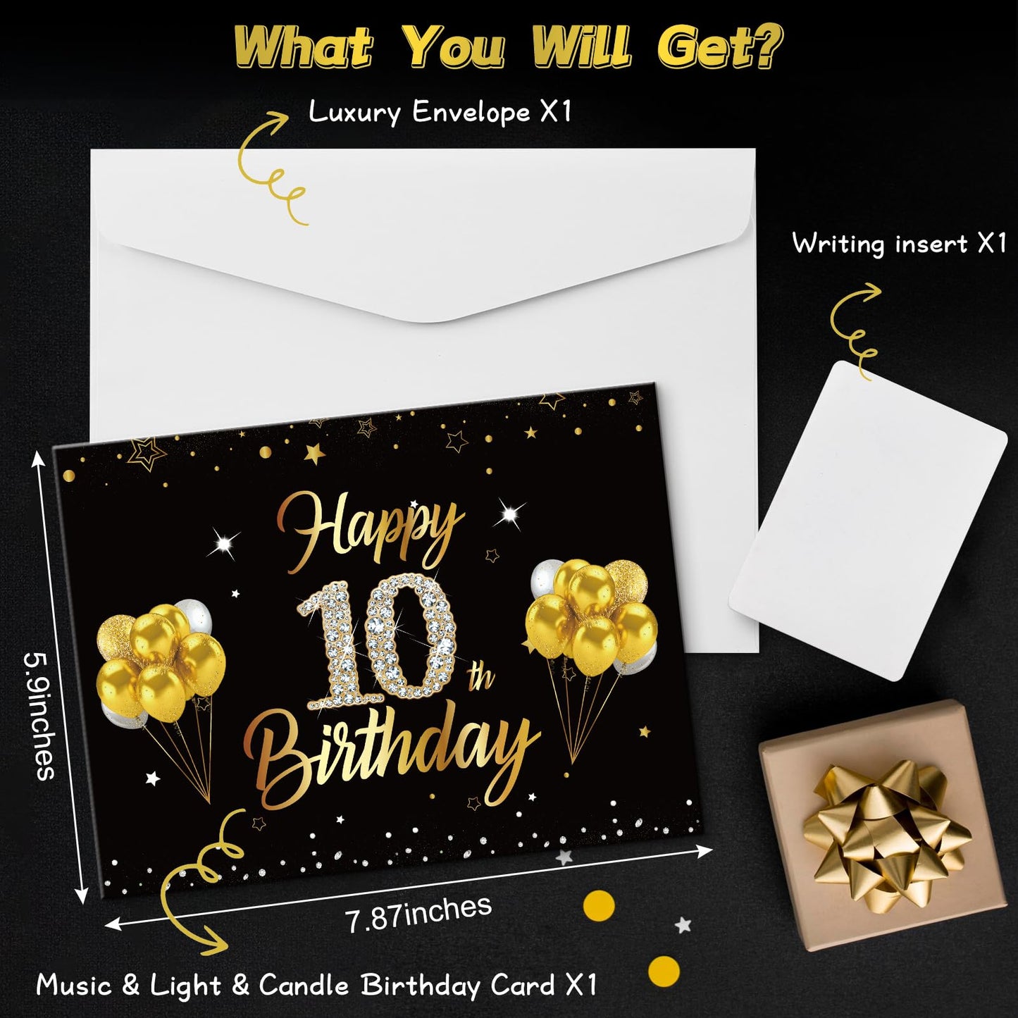 Turypaty 10th Birthday Cards Pop Up 3D Cake - Firework & Music & Blow Out Candle Light Funny Happy 10 Black Gold Birthday Card Gifts Party Decor for Kids, Boys, Girls, Son, Daughter, Grandson