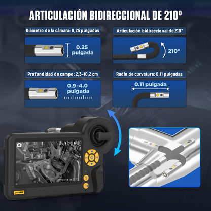 AUTOOL Dual Lens Borescope, 4.3” IPS Screen HD Inspection Camera, 0.25inch Endoscope 3FT Semi-Rigid Cable, 210° Articulation, 6 LED Lights, IP67 Waterproof, 32GB SD Card