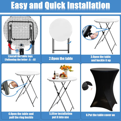 THESEATOP 2Sets 32in Hightop Folding Cocktail Tables+Covers-Spandex Stretch Folding Tall Bar Table Covers, Detachable Legs Bar Height Folding Table Outdoor Indoor Use (Black/2 Tables+2 Covers)