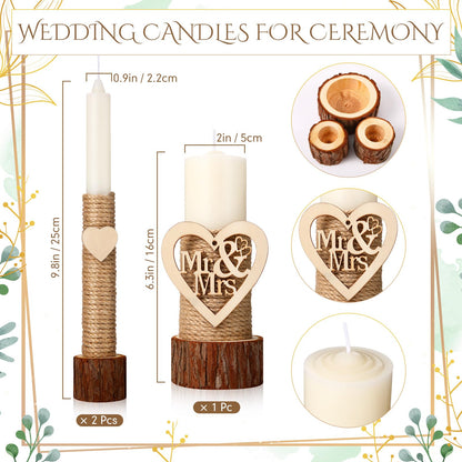 Conelist Unity Candles for Wedding Ceremony Set - 1 6.3" Pillar 2 9.8'' Taper Candles 2 Marriage Cards Wedding Candle with Holder for Rustic Romantic Ceremony Events Supplies(Retro)