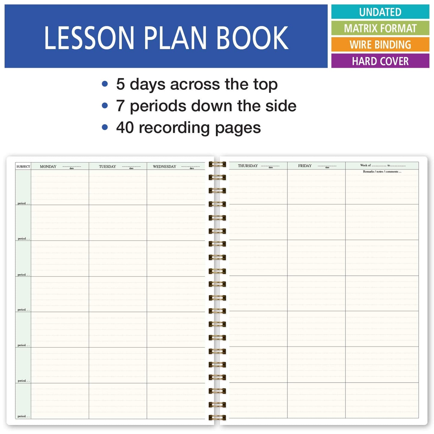 Elan Publishing Company HARDCOVER 7 Period Teacher Lesson Planner - Days Horizontally Across the Top with Bonus Clip-in Bookmark (Woodgrain)