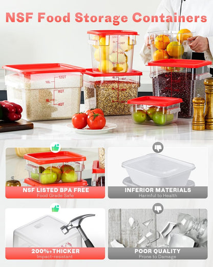 2QT4QT NSF Food Storage Containers: 8 PCS [Food Grade][Hot&Cold Resistant] Commercial Clear Square Food Storage Containers with Scales Handles for Home Restaurant Kitchen Proof Dough(BPA FREE-GREEN)