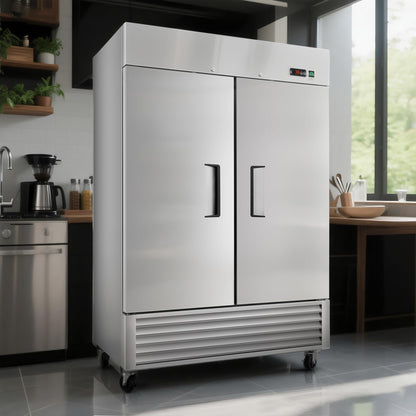 DeepTide 54" W Commercial Refrigerator with Double-Door: 49 Cubic Feet Storage, Adjustable Shelving, Automatic Defrosting, Precision Digital Thermostat, LED Lights, Safety Locks