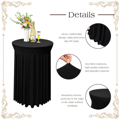 Tegeme 4 Packs Round Spandex Cocktail Tablecloths with Skirt 32 x 43 Inch Cocktail Round Table Cover Spandex Stretch Square Tablecloth Skirt for Table Bar Wedding Party Banquet (Black)