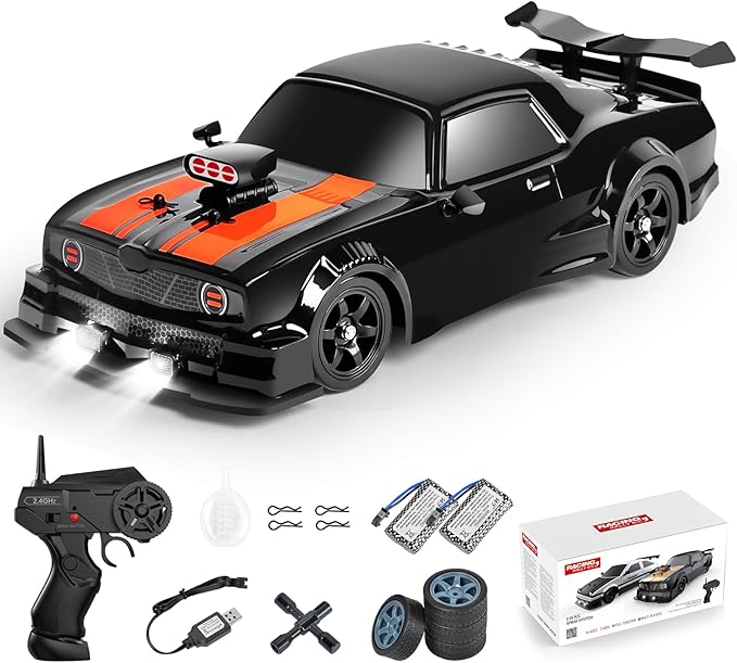 Fistone RC Drift Car 2.4GHz 1:16 Scale 4WD 18KM/H High Speed Remote Control Car with LED Lights 2 Batteries and Rubber Tire Racing Sport Toy Vehicle for Adults Boys Girls and Kids