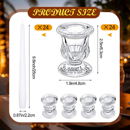 48 Pcs Taper Candlestick Holder Clear Glass Candle Holder with 10 Inch White Candles 8 Hours Burn Time Smokeless Candles for Wedding Table Centerpiece Party Decorations