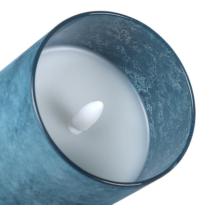 HJANDHJ Blue Flickering Flameless Candles with Remote - Handmade Sandblast Glass Battery Operated LED Pillar Candles for Home/Coastal Theme Wedding Decorations (Set of 3)