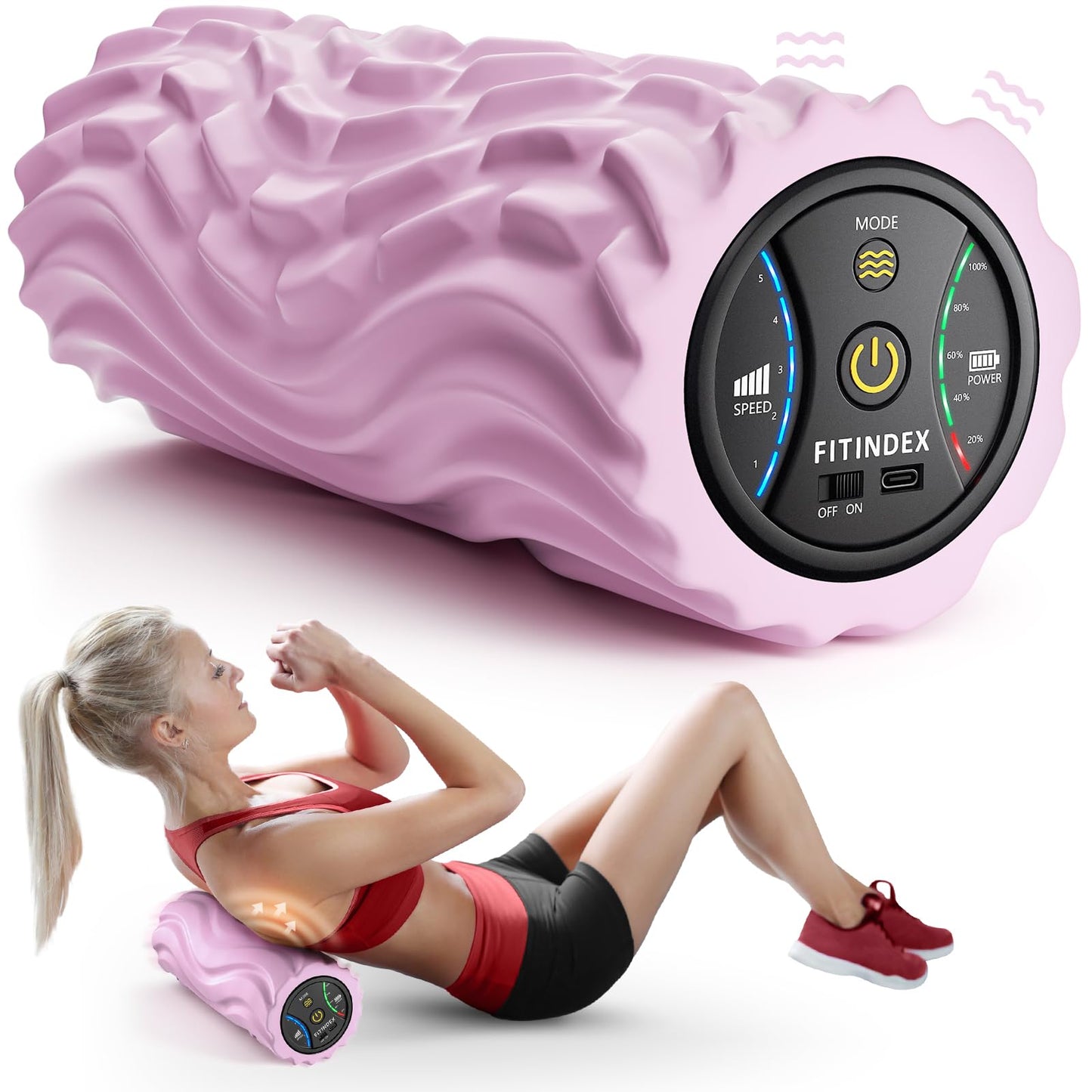 FITINDEX Vibrating Foam Roller for Back Pain, 5-Speed Muscle Massage, FSA HSA Eligible, Exercise, Muscles Deep Tissue, Physical Therapy, Pilates, Yoga, Neck, Leg, Rechargeable, Travel Portable Gray