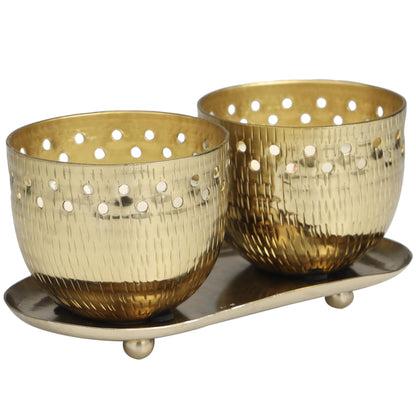 Deco 79 Metal Decorative Candle Jasmine Scented Cutout Spotted 7 oz 1 Wick Aromatherapy Candle with White Wax, Set of 2 Wax Aromatherapy Candle 8" W, 4" H, Gold