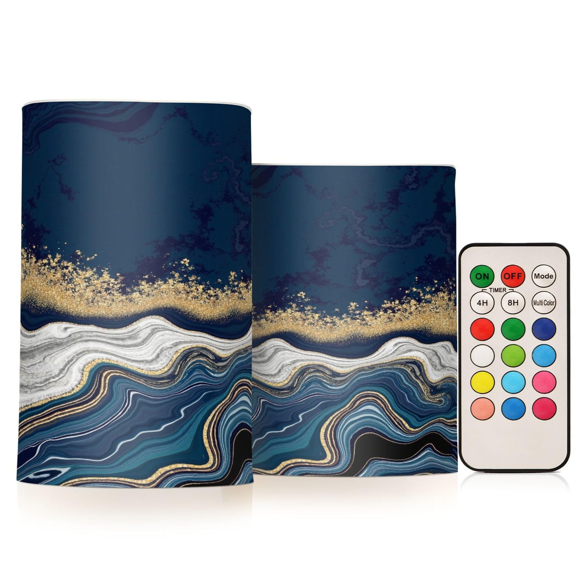 BOENLE Flickering Flameless Candles, Navy Blue Marble Golden Veins LED Candles with Remote Timer, Set of 2 Battery Operated Candle for Valentine Wedding Birthday