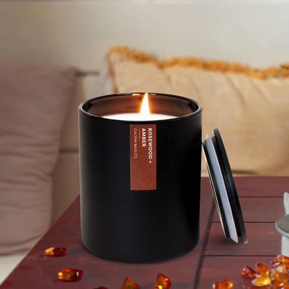 Calyan Wax Co. Rosewood & Amber Scented Candle - 75 Hour Burn - Luxury Clean Soy Wax Candles - Long Lasting Black Tumbler Jar Candle for Home - 10.2oz
