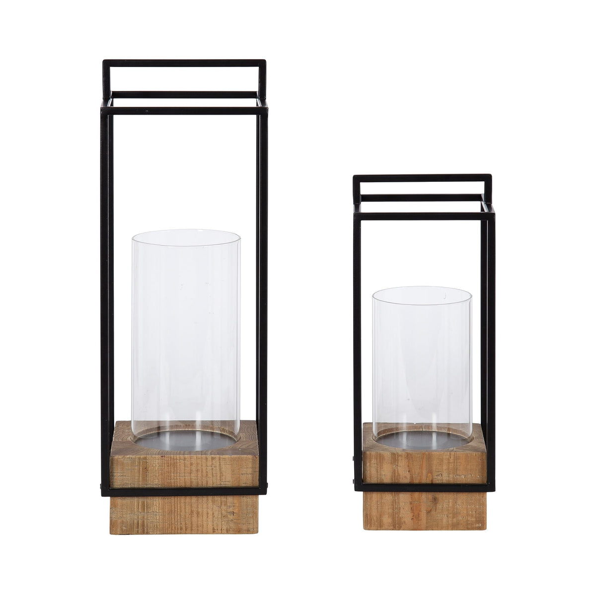 Kate and Laurel Brandt Farmhouse Two-Piece Candle Holder Set; 7 x 7 x 19; Hazelnut and Black; Transitional Wood and Metal Lantern Candle Holders for Fireplace Mantel Display