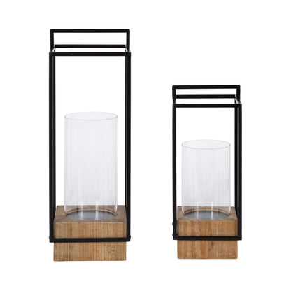 Kate and Laurel Brandt Farmhouse Two-Piece Candle Holder Set; 7 x 7 x 19; Hazelnut and Black; Transitional Wood and Metal Lantern Candle Holders for Fireplace Mantel Display