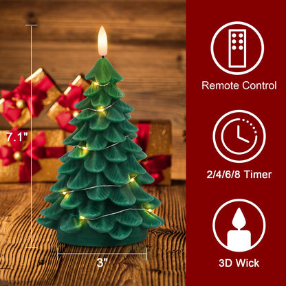 Eldnacele Christmas Tree Flameless Candles String Lights with 11-Key Remote and Timer, Battery Operated 3D Wick Flickering Real Wax LED Pillar Candles Xmas Eve Dinning Holiday Decor(2Pcs,3"×7.1")