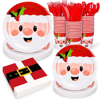 Whaline 175Pcs Christmas Party Tableware Set 7 and 9 Inch Santa Claus Paper Plates 6.5 Inch Santa Belts Napkins Cute Xmas Disposable Cups and Red Fork Spoon Knife Kit for Xmas Holiday Dinner Supplies
