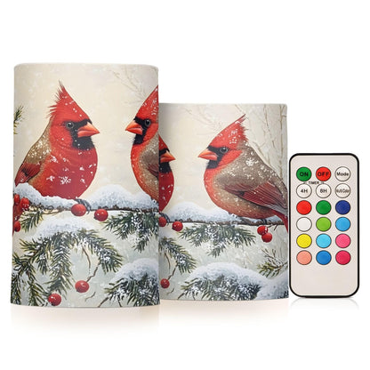 ALAZA Red Cardinals Birds Snowflake Branches Berries Winter Flameless Candles Flickering LED Candles with Remote Timer Battery Operated Pillar Candles Set of 2 for Dinner Holiday Decor