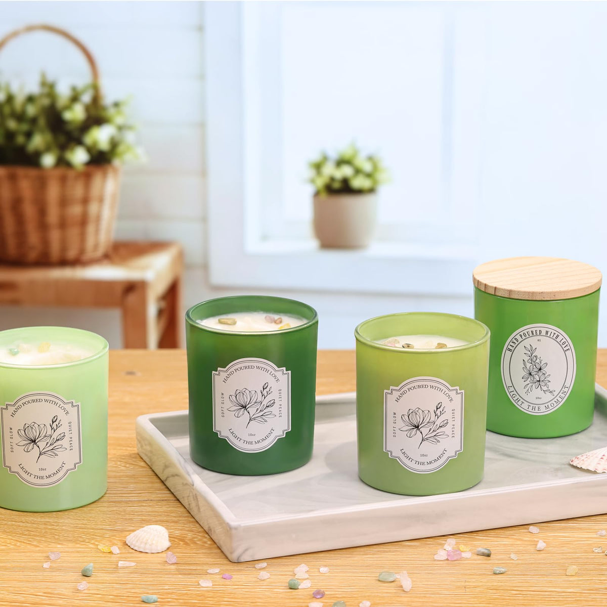 12Pcs Assorted Green Glass Candle Jars with Wooden Lids for Making Candles, 10 OZ Empty Candle Jars with Labels and 100g Crystal Rocks, Candle Making Supplies Candle Containers for Home DIY & GIFTS