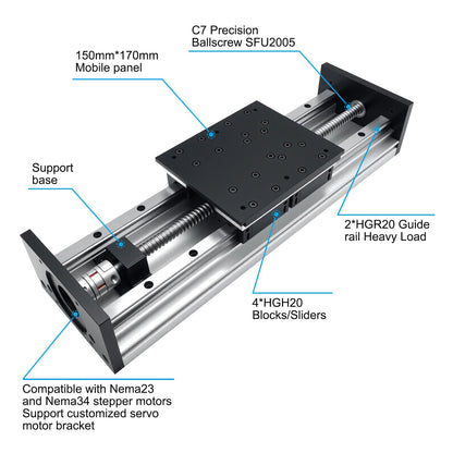 Electric Linear Stage Heavy Duty Load 550 lb 250KG Ballscrew 2005 Double Rail Guide Four Slide 8 Inch 200mm Stroke Slide Stage Compatible Nema23 57mm NEMA34 86mm Stepper Motor for CNC Router