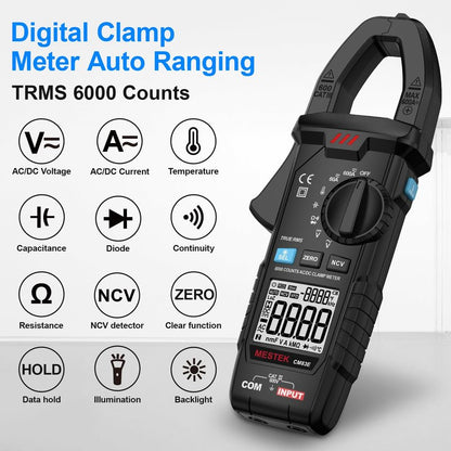 MESTEK Digital Clamp Meter Multimeter, TRMS 6000 Counts 600A Current Amp Volt Meter, Auto-Ranging Voltage Tester Measures AC DC Current Voltage Resistance Capacitance Temperature Diodes Continuity NCV