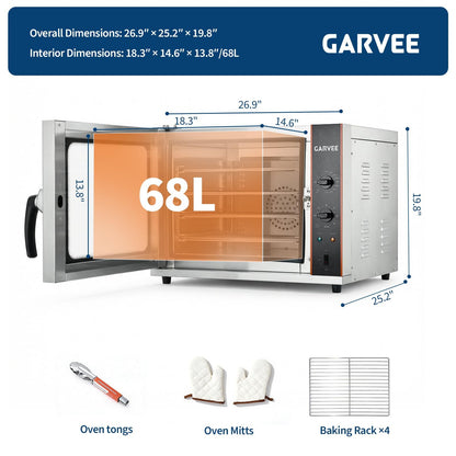 Commercial Convection Oven 2.3 Cu.ft, 2400W High Power 4-Tier Countertop Oven, 68L/60Qt, Stainless Steel Baking Electric Oven with 4 Trays & Timer & Clip Gloves, 120V, for Restaurant Shop