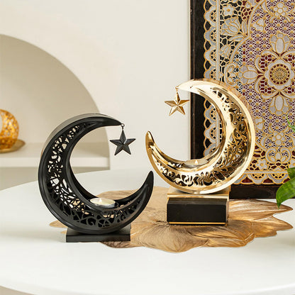 Mooned Shape Candelabra Hollowed Carved Tealight Display Stand for Tabletop Mantels Shelf Display Festival Celebration Wrought Iron Stand