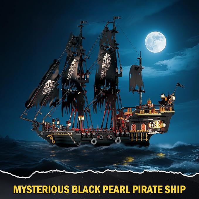 Pirate Ship Model Building Set for Adults Boys Girls Black Pearl Ship Model with Light Sail Boat Construction Toys Collectible Display Home Office Decor Birthday Gifts（1713 Pieces）