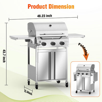 Electactic G31 Gas Grill, 3-Burner Gas Grill with Folding Side Tables,Stainless Steel 24,000 BTU BBQ Grill,Outdoor Propane Grill for Barbecue,Patio,Camping